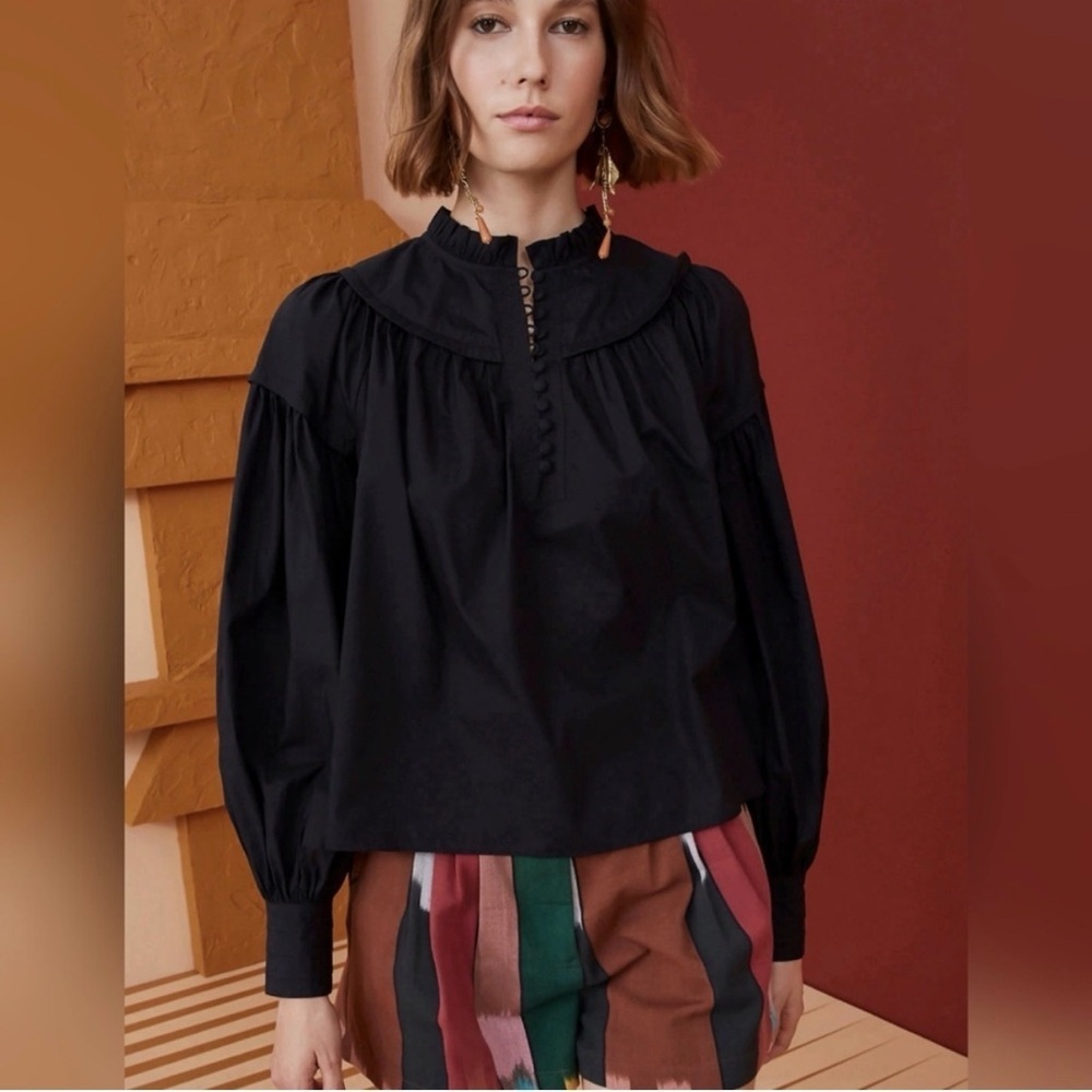 Ulla Johnson Marika Black Poplin Balloon Sleeve Blouse Size 0